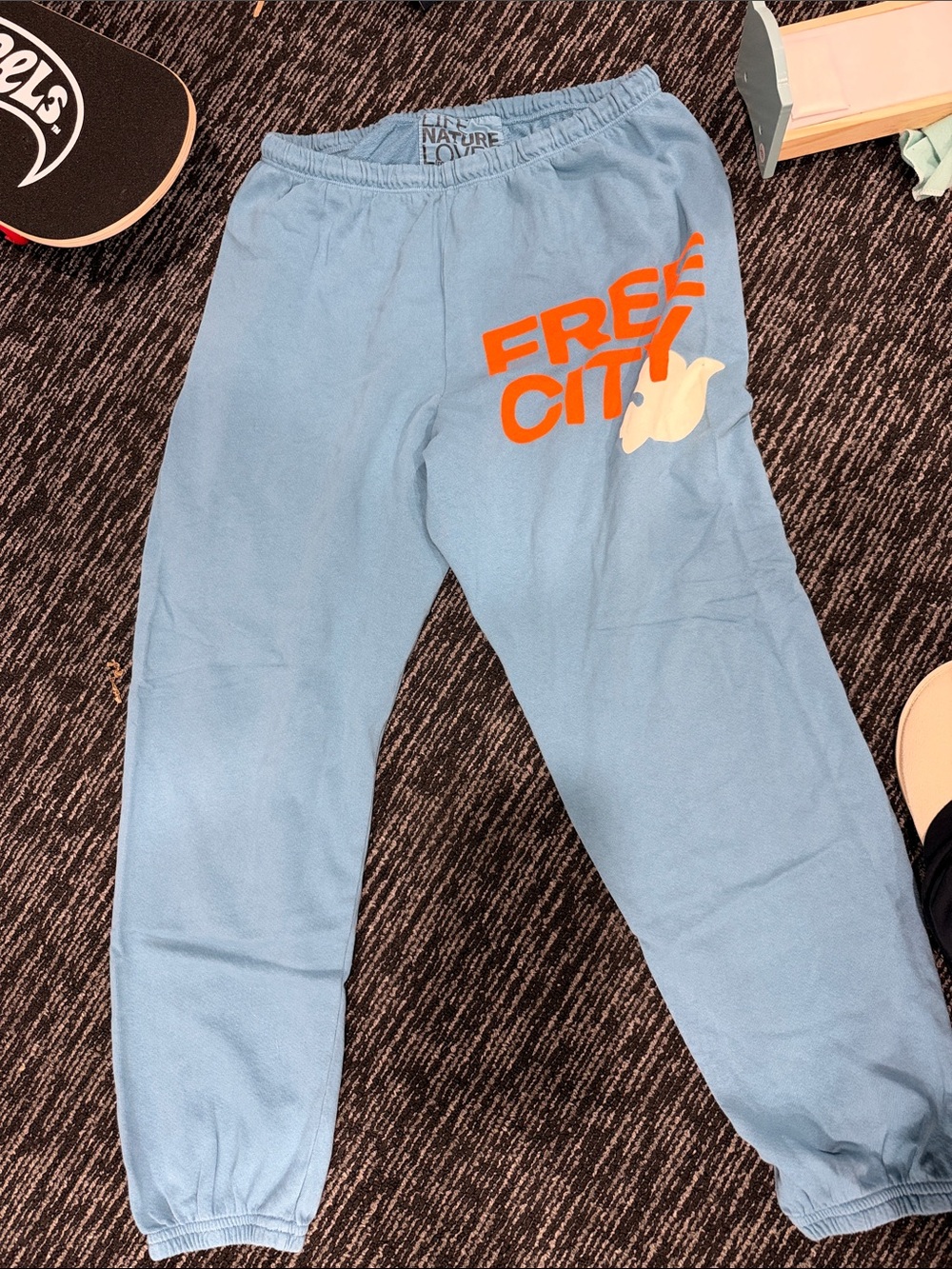 freecity woman  Sky Blue Sweatpants with Orange Logo and Cream Dove
